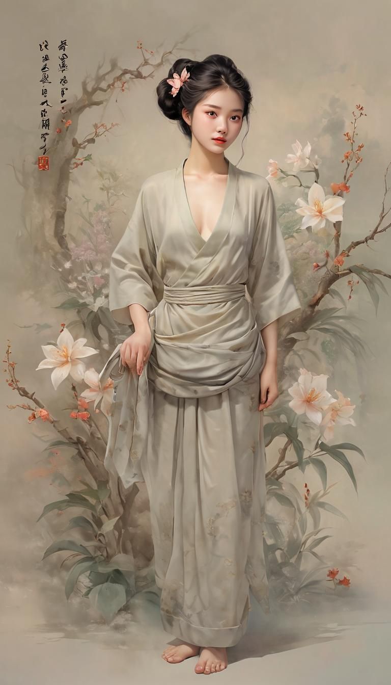 Ink Wash Painting of Wind, Flowers, Snow, and Moon