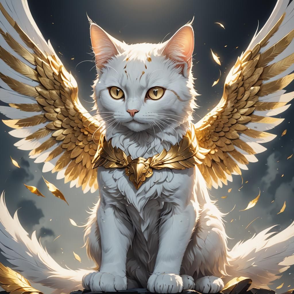 Anime White Cat with Golden Wings
