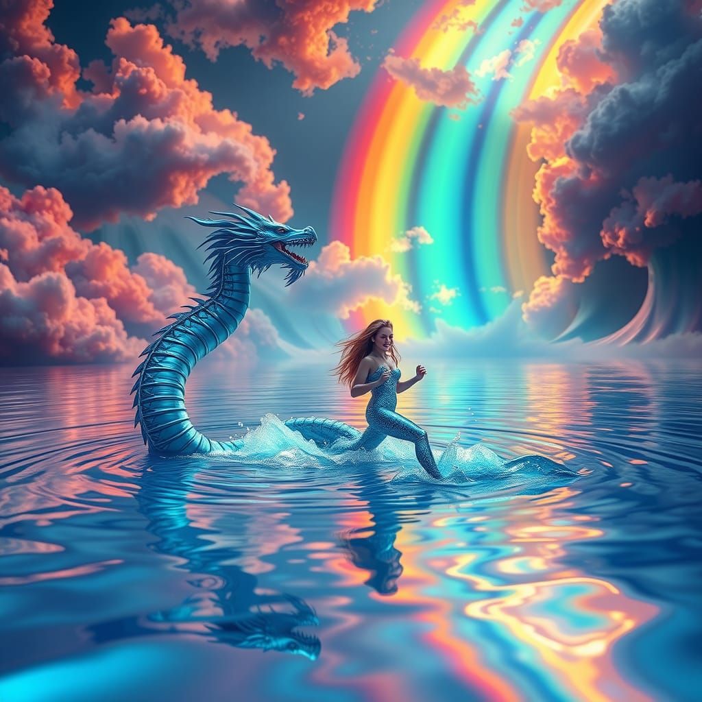 Iridescent Dragon Chasing Mermaid in a Fluid Lake