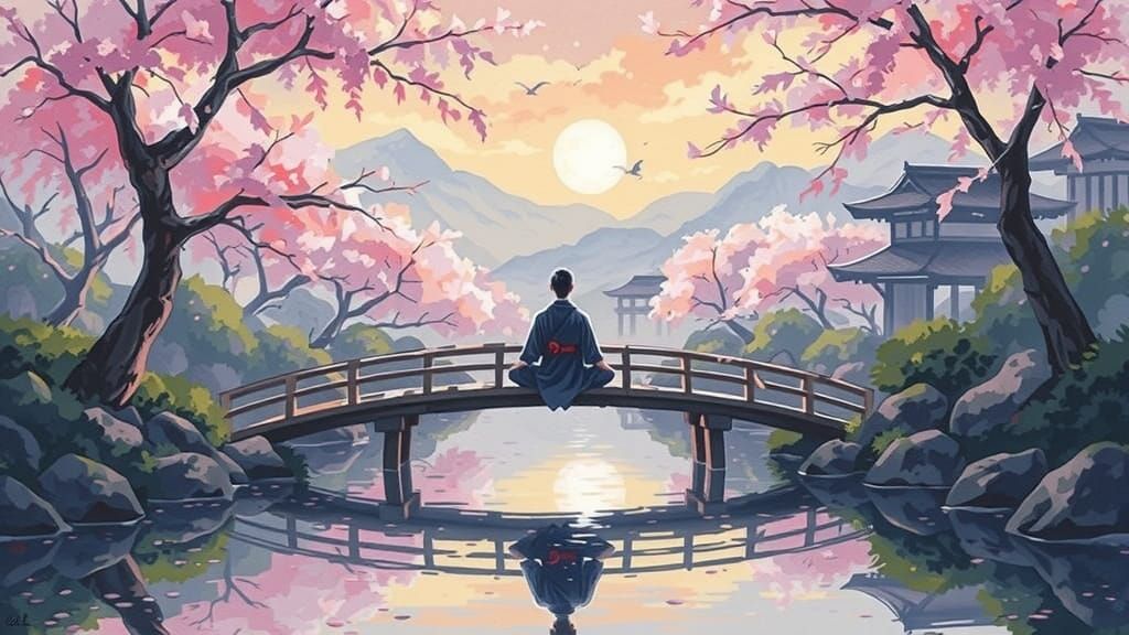 Sumi-e Japanese Pine Tree Over Misty Valley