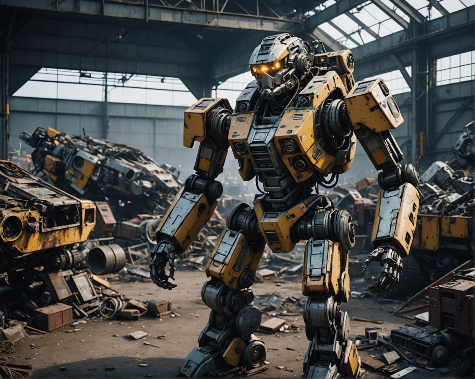 Mech Robot Walks Through Junkyard: Detailed 8K Rendering