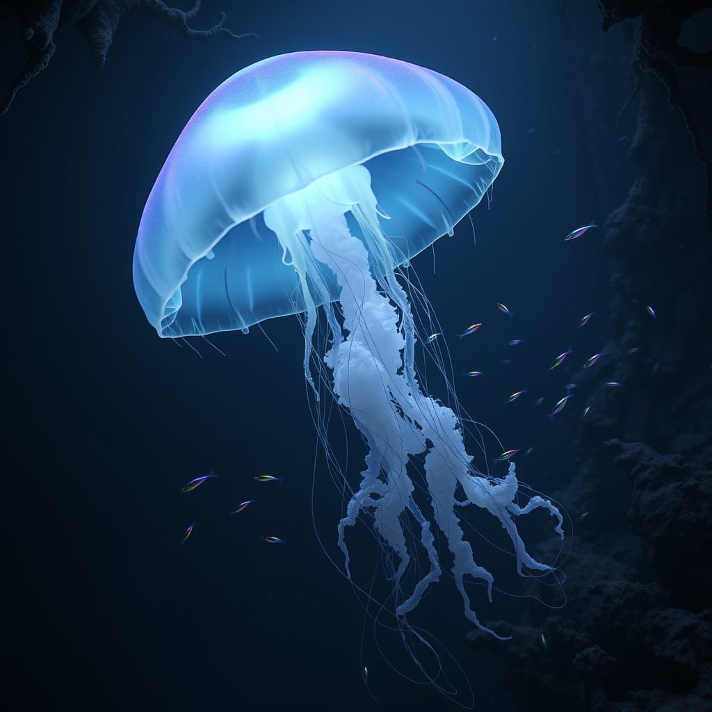 Bioluminescent Jellyfish Undulates in Deep Ocean Trench