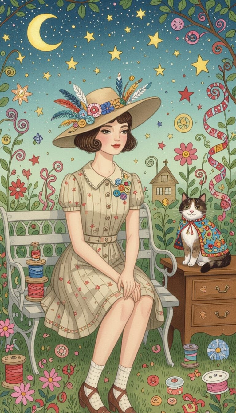 Whimsical Garden Scene with Woman and Cat
