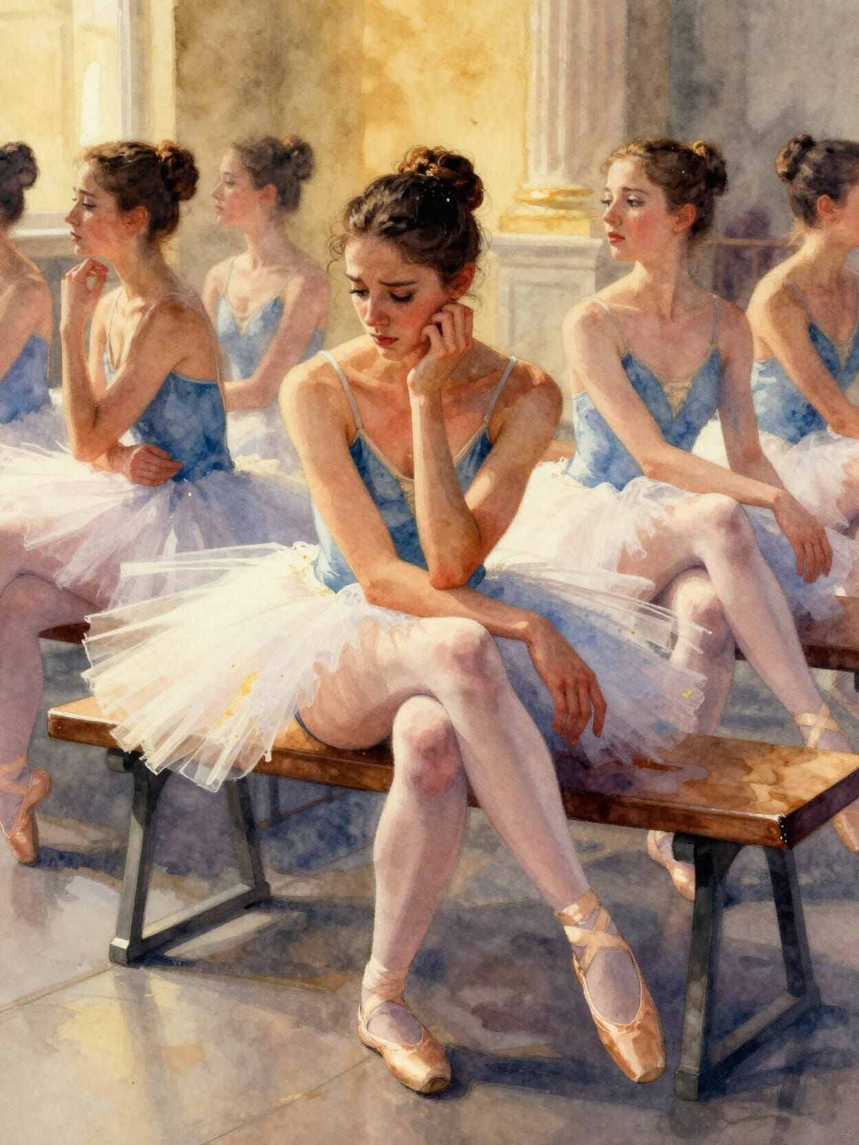 Golden Hour Watercolor of Ballet Dancers Awaiting Audition