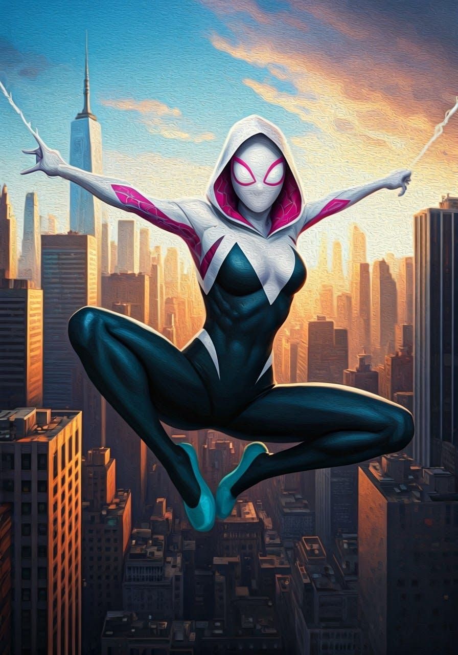 Spider-Gwen Leaps Through New York Cityscape