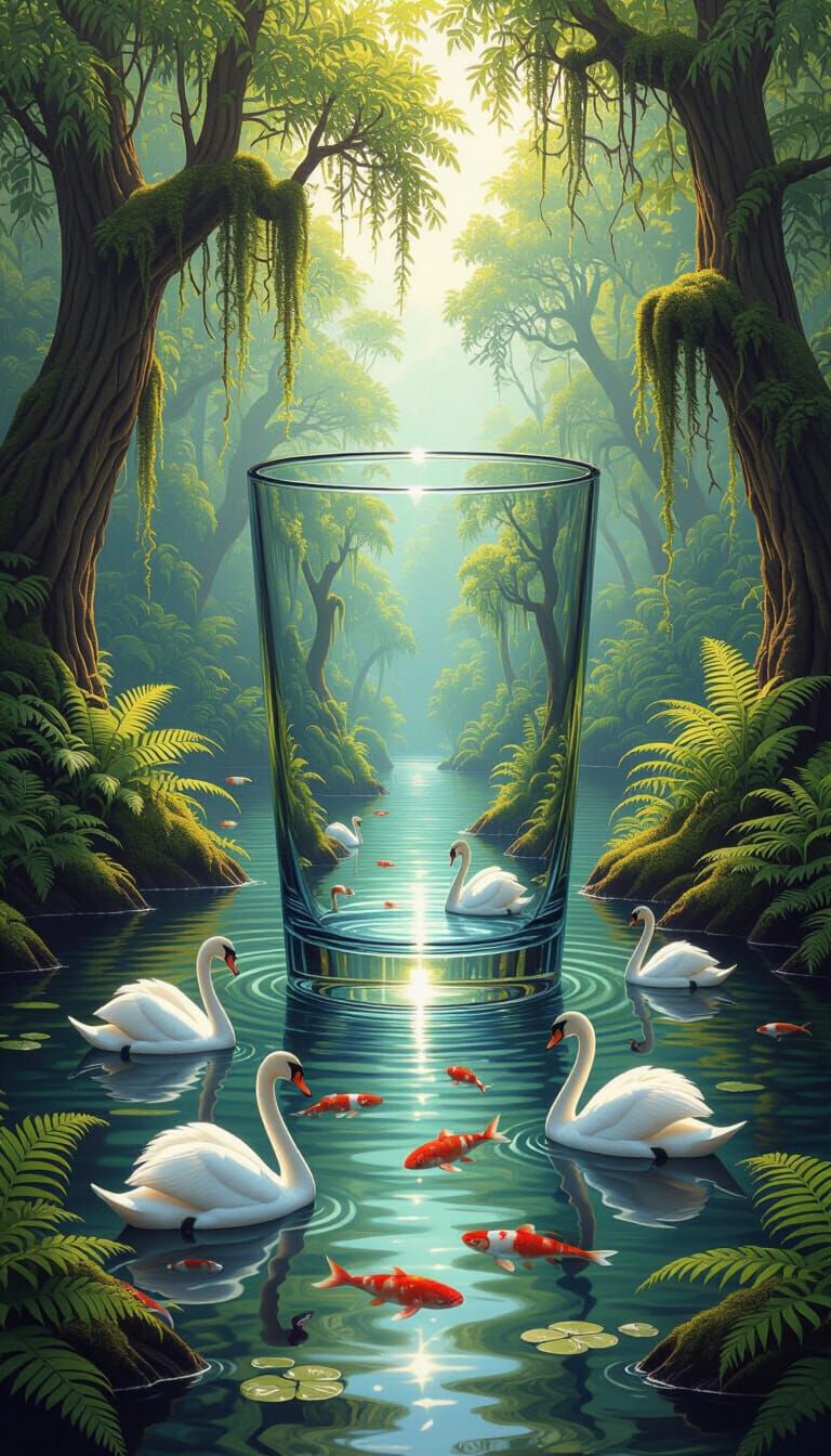 Rivers Converge to Tranquil Pool with Swans and Catfish