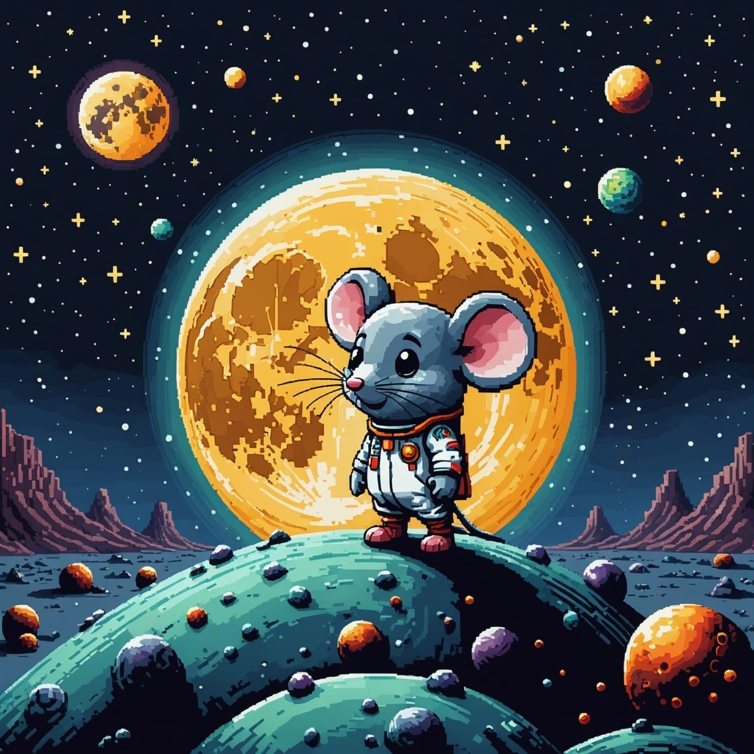 Chibi Mouse on Moon in 16-bit Pixel Art