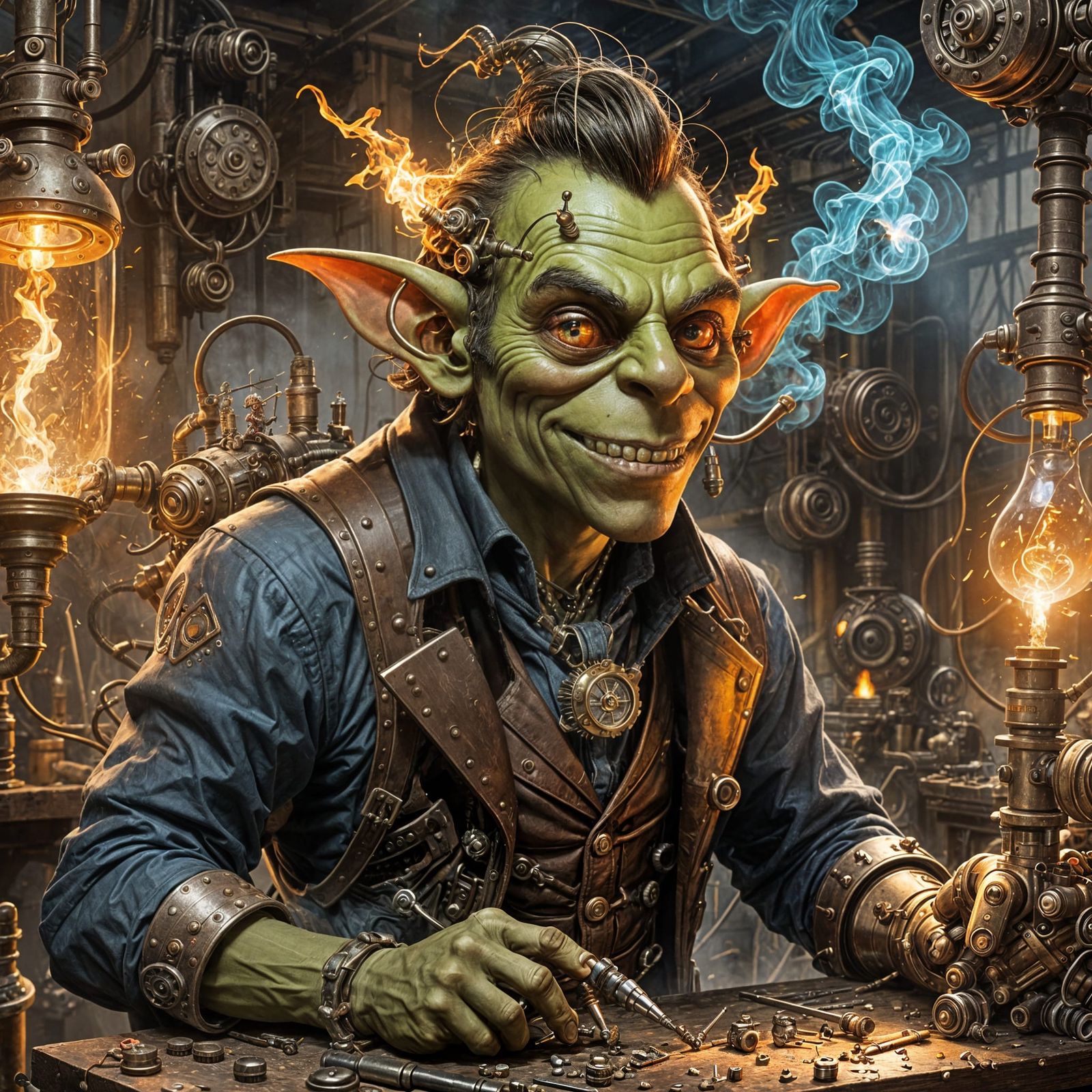 Jovial Goblin Crafts Robotic Invention in Steampunk Workshop