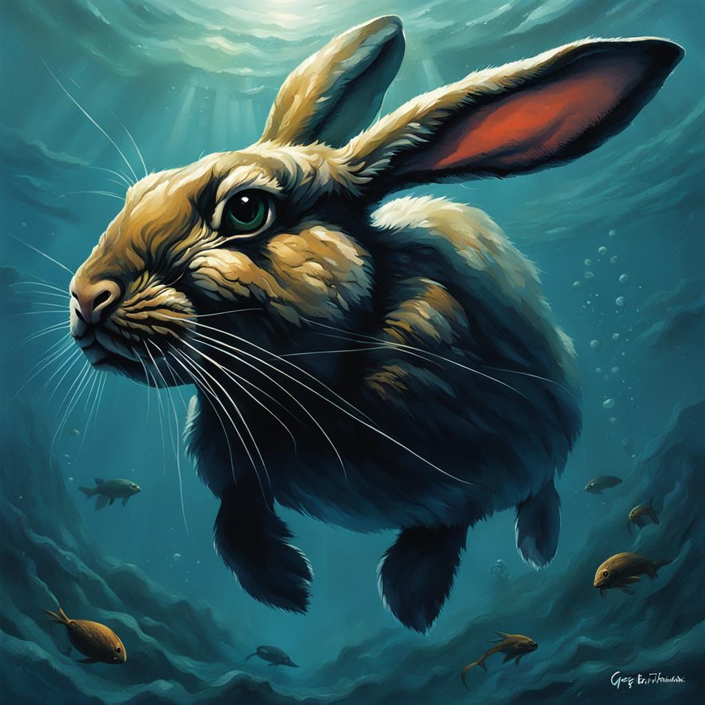 Sinister Rabbit in Deep Ocean, Dark Fantasy Art