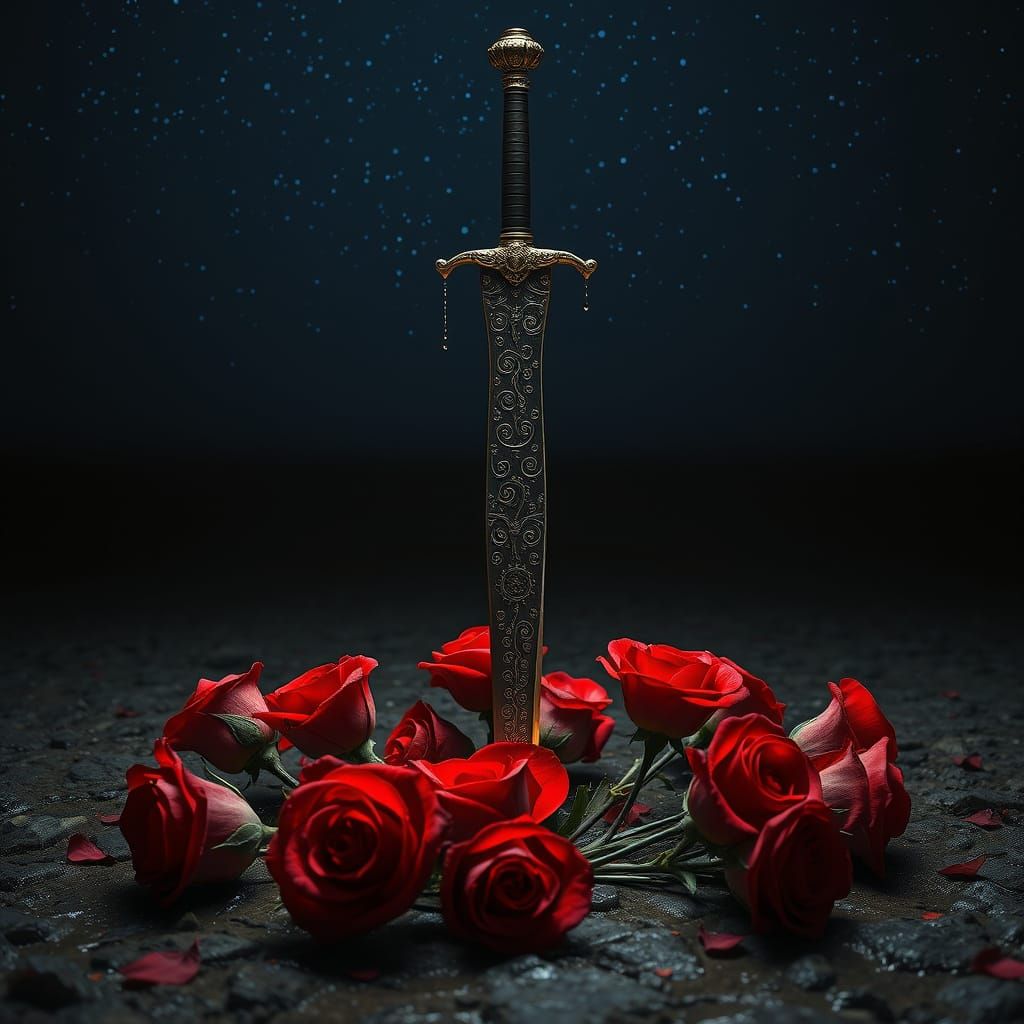 Steampunk Sword Suspended Above a Circle of Roses Under Star...