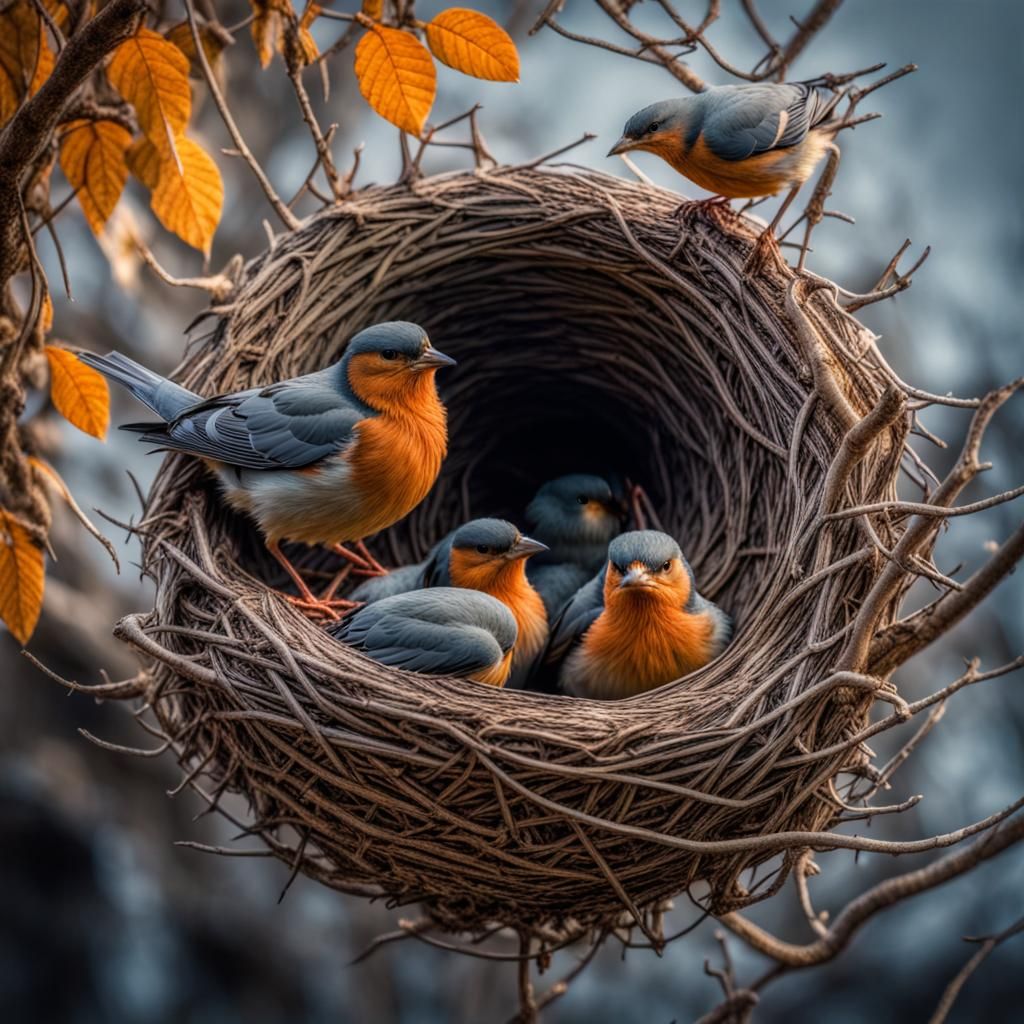 Hyperrealistic Nest with Birds in Sharp Focus