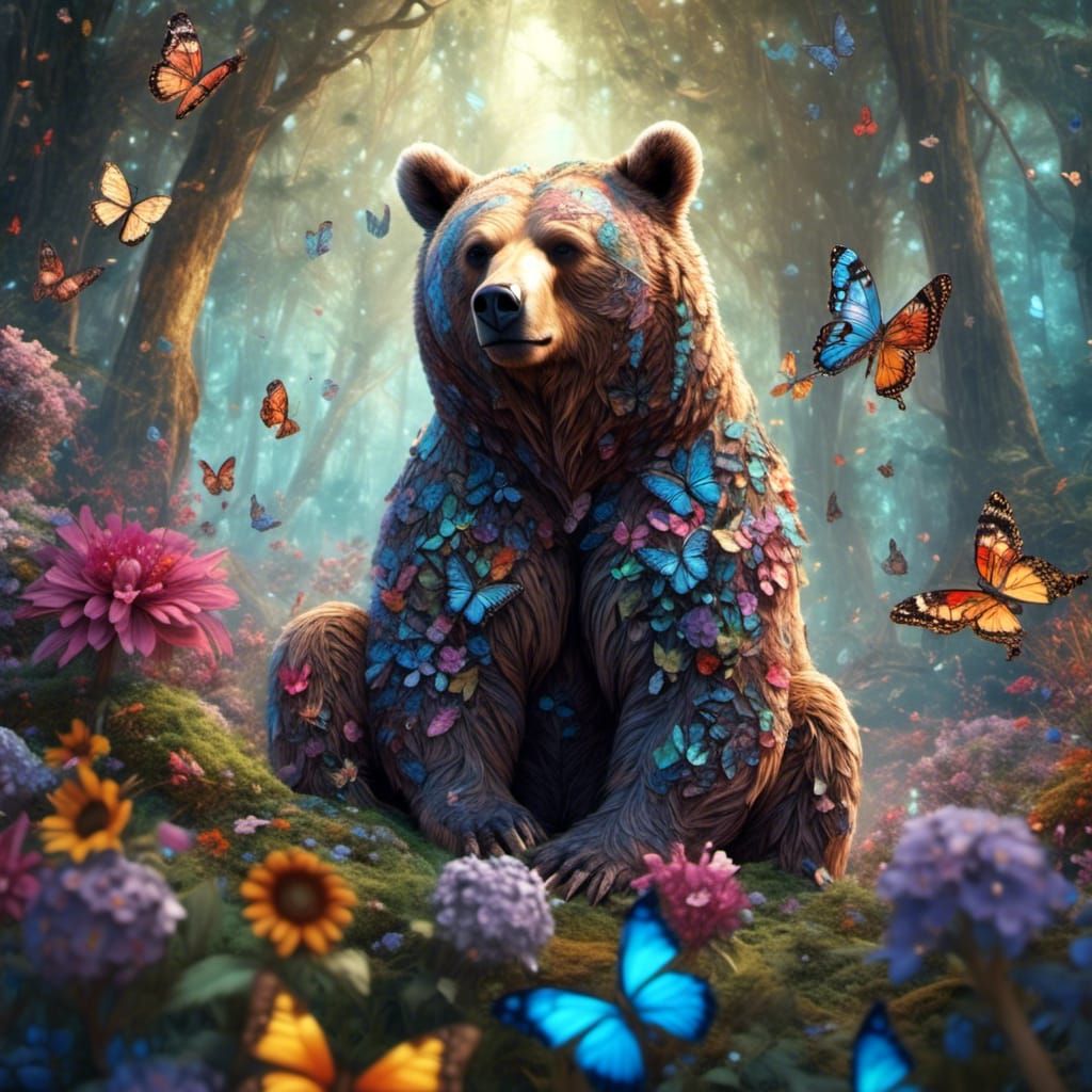 Magical Bear in Forest with Butterflies