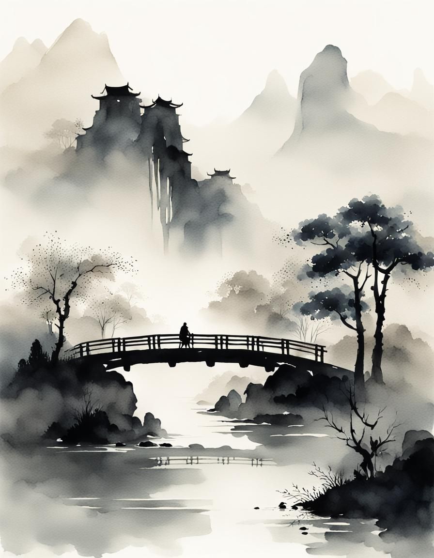 Elegant Chinese Watercolor Landscape in Mist