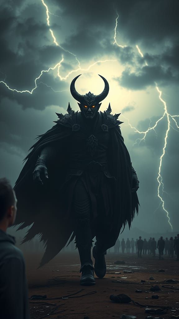 Dramatic Unveiling of Dajjal in a Stormy, Dark Gothic Landsc...