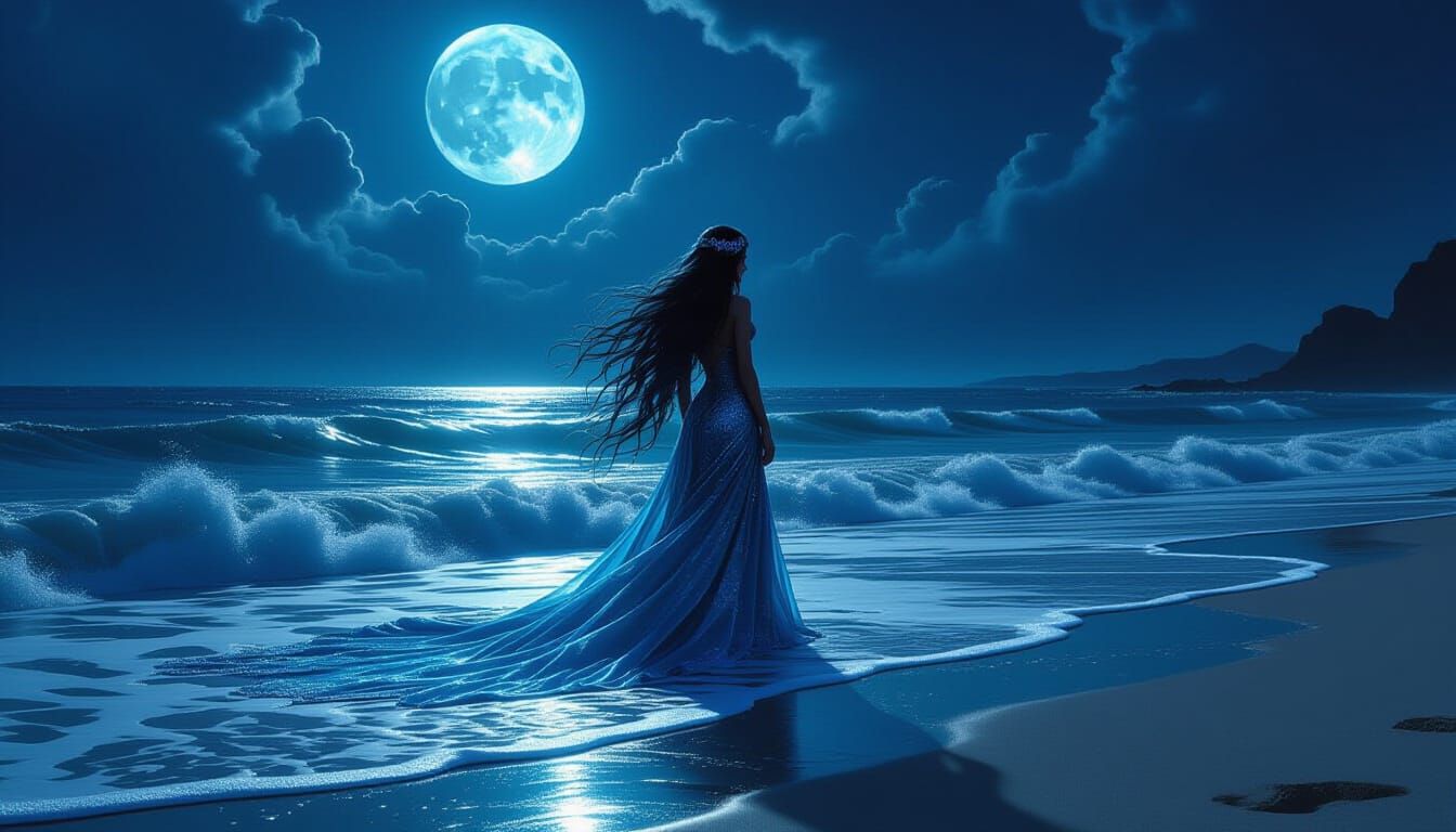 Ethereal Syren Emerges on Moonlit Shore
