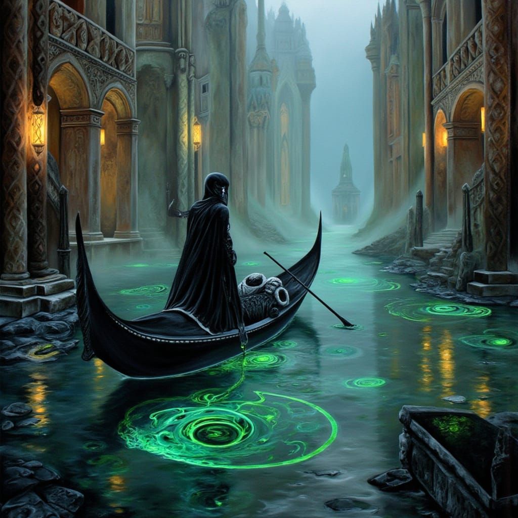 Spectral Gondolier in Dark Surrealist Dreamscape