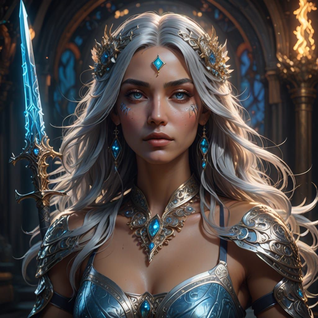 Ethereal Latina Goddess in Bikini, Sword, and Silver Hair