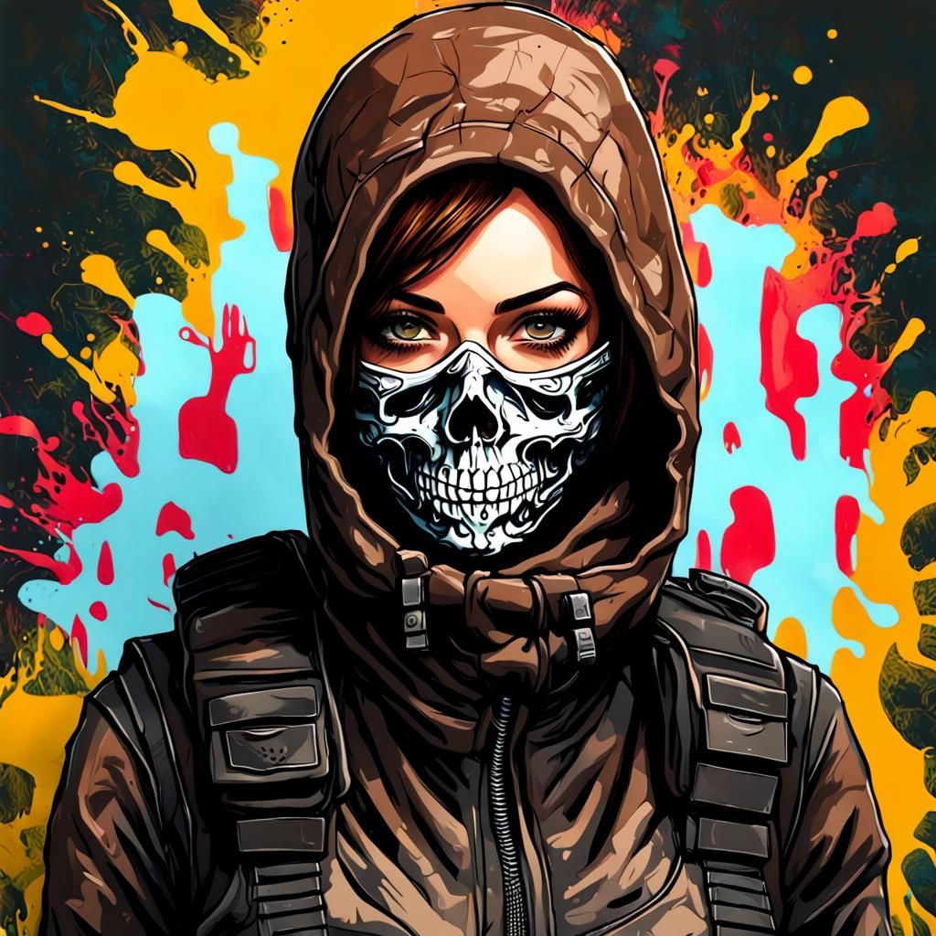 Woman in Skull Balaclava: Graffiti Art Style