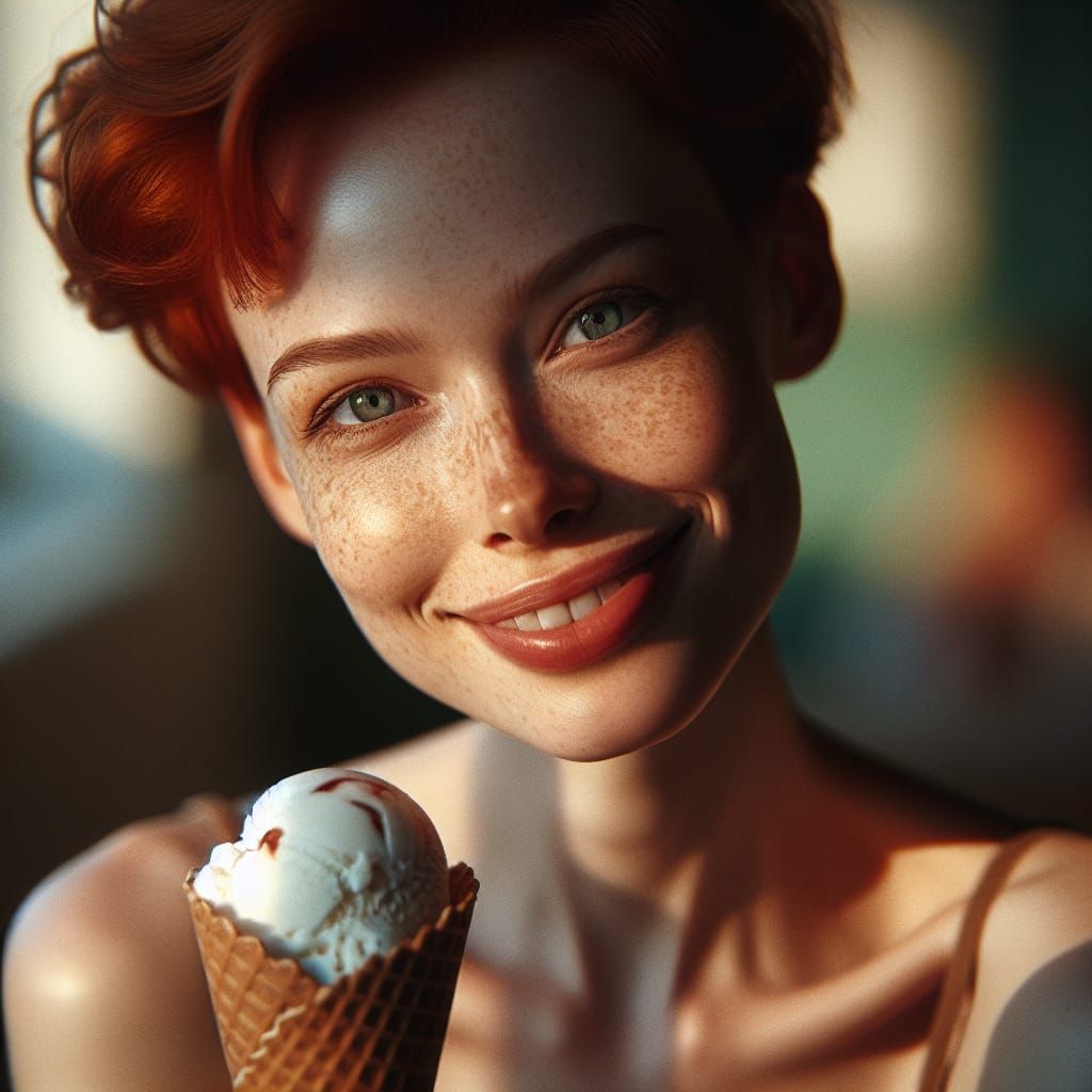Woman with Red Hair Enjoys Morning Ice Cream