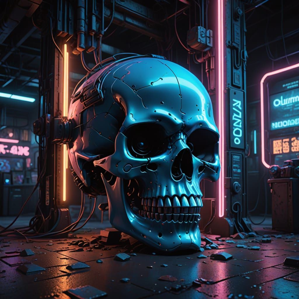 Sci-Fi Skull in Neon Alleyway, Cyberpunk Art