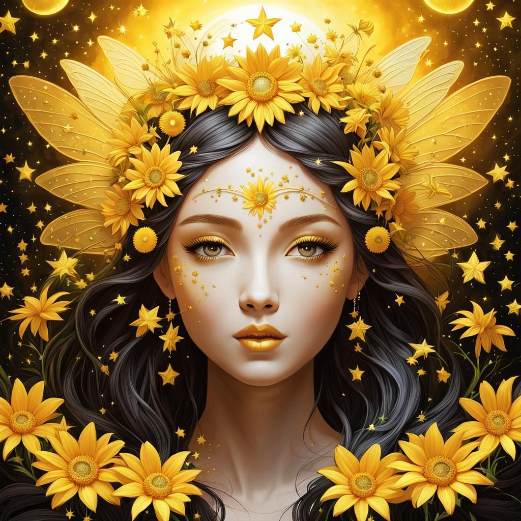 Fairy Surrounded by Golden Stars in Monochromatic Yellow
