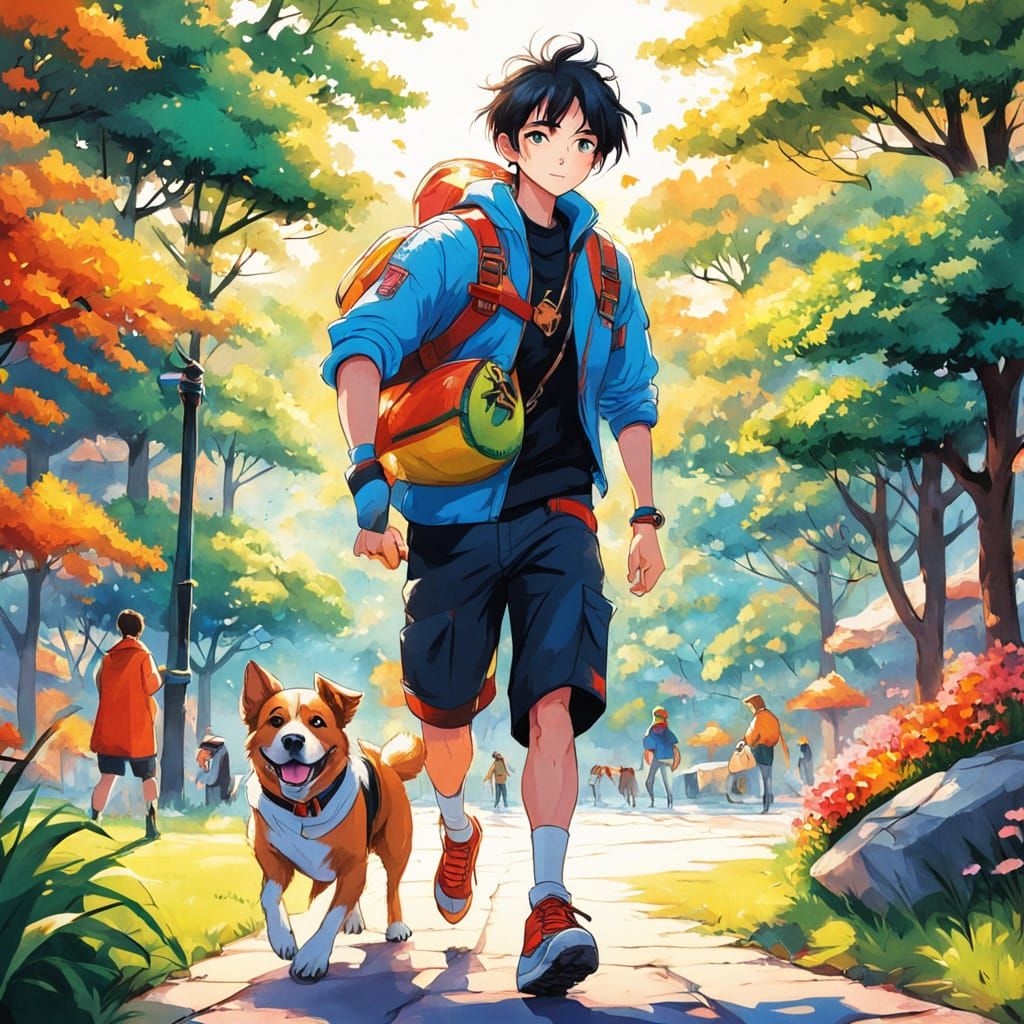 Anime-Inspired Boy Plays Fetch in Sunny Park