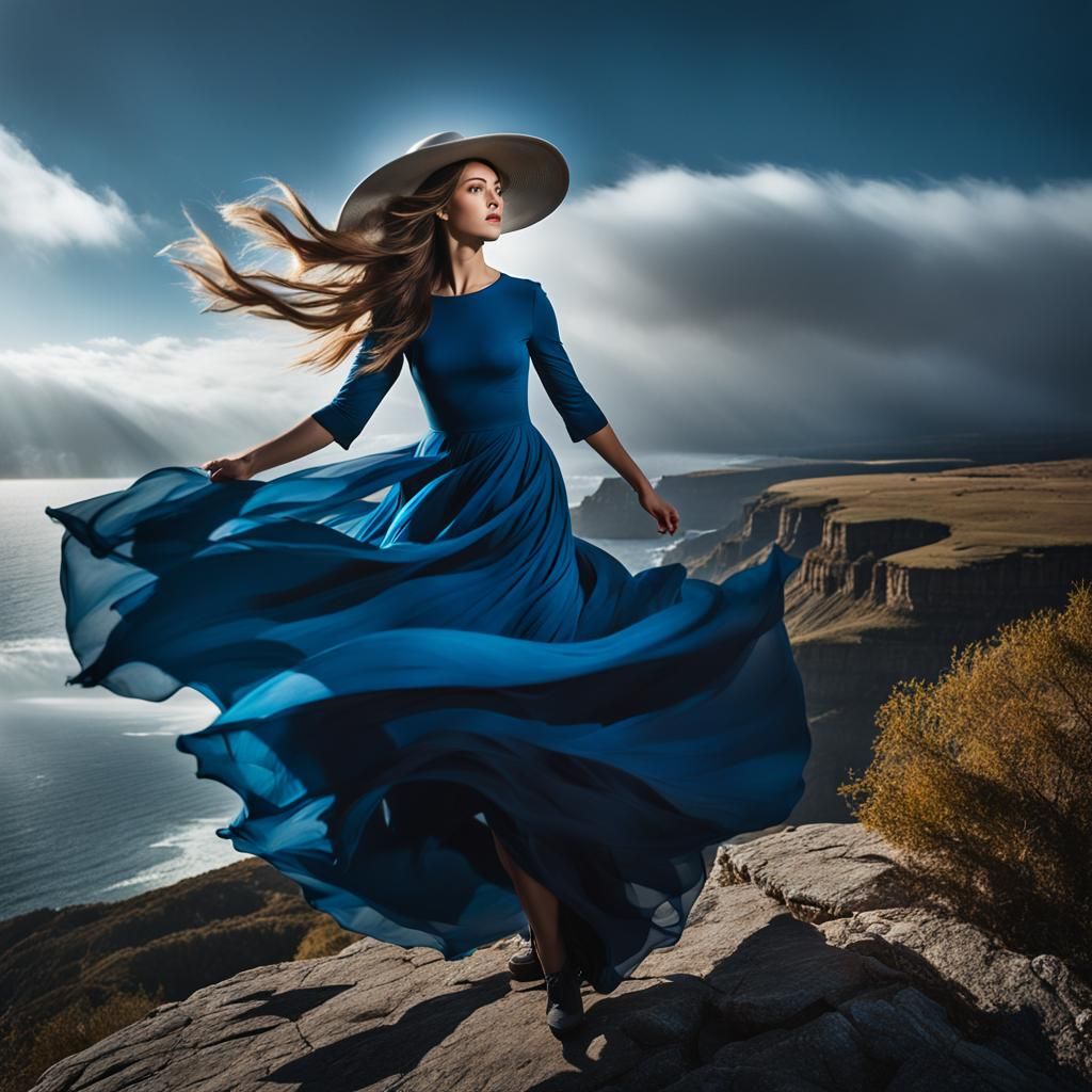 Woman Battles Wind on Cliffside: Hyperrealistic Photography