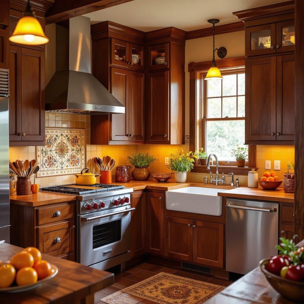 Cozy Autumn Kitchen with Warm Wooden Surfaces and Golden Lig...