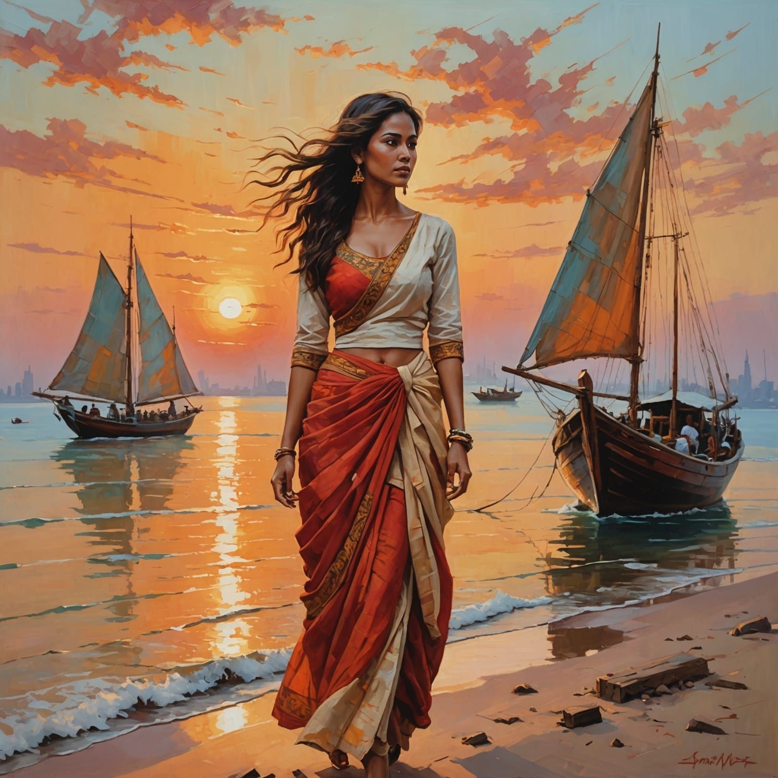 Dhow in Jakarta Harbor as Oil Painting