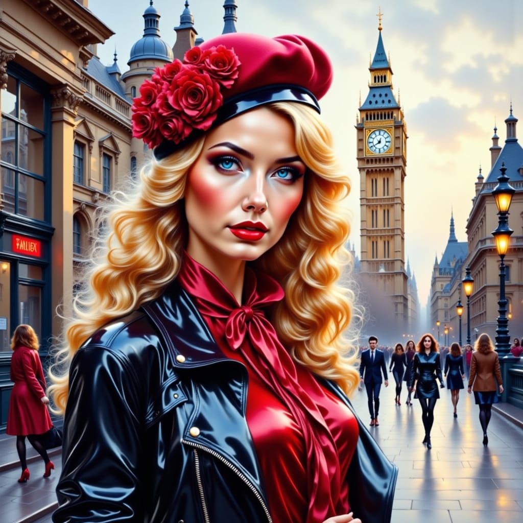 Woman in London Street Scene Watercolor Painting