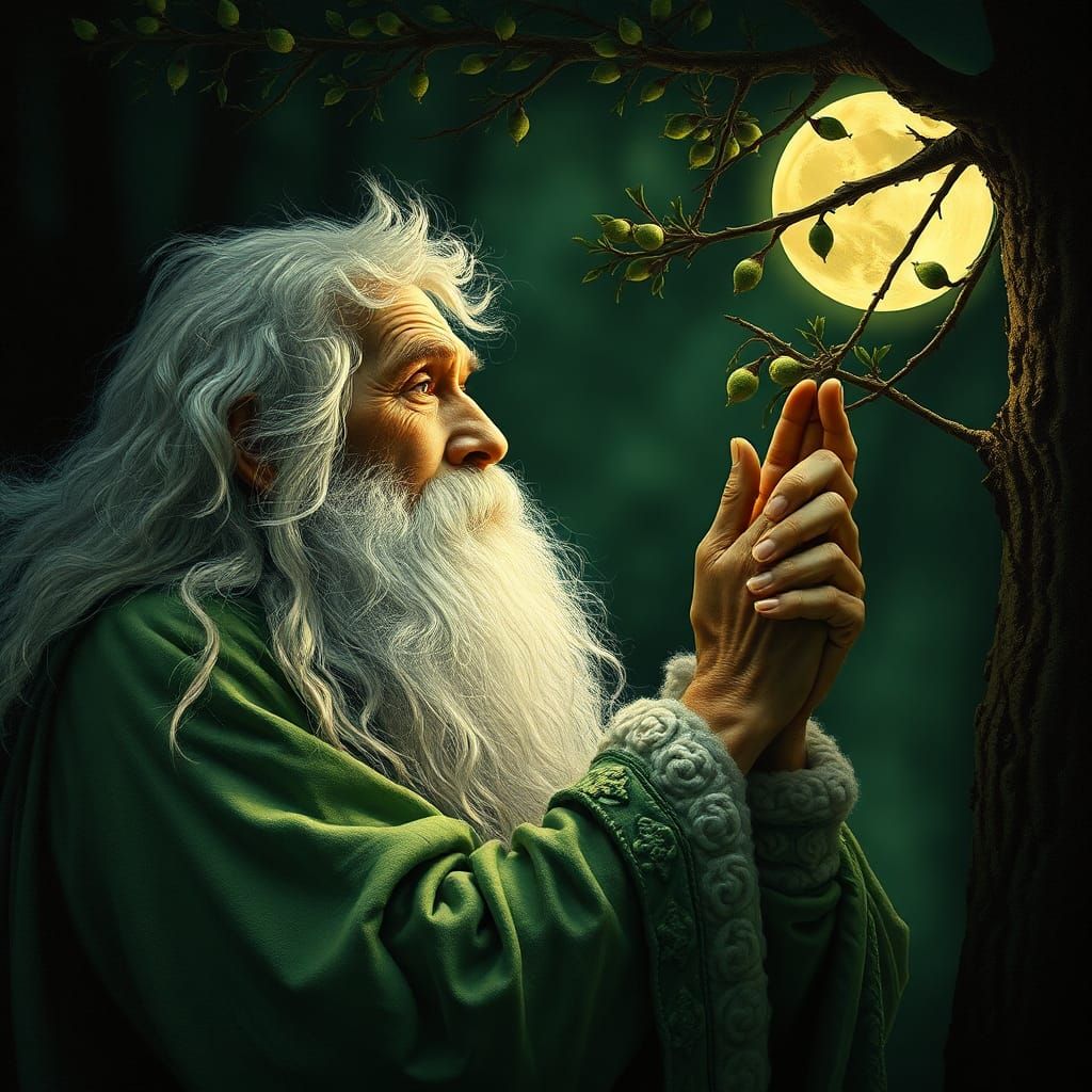 Celtic Druid Moonlit Mistletoe Gathering