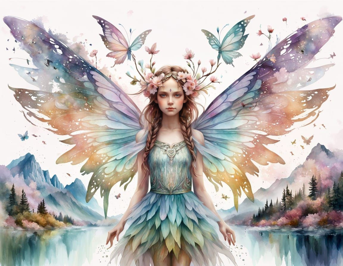 Magical Fairy with Wings in Watercolor Style