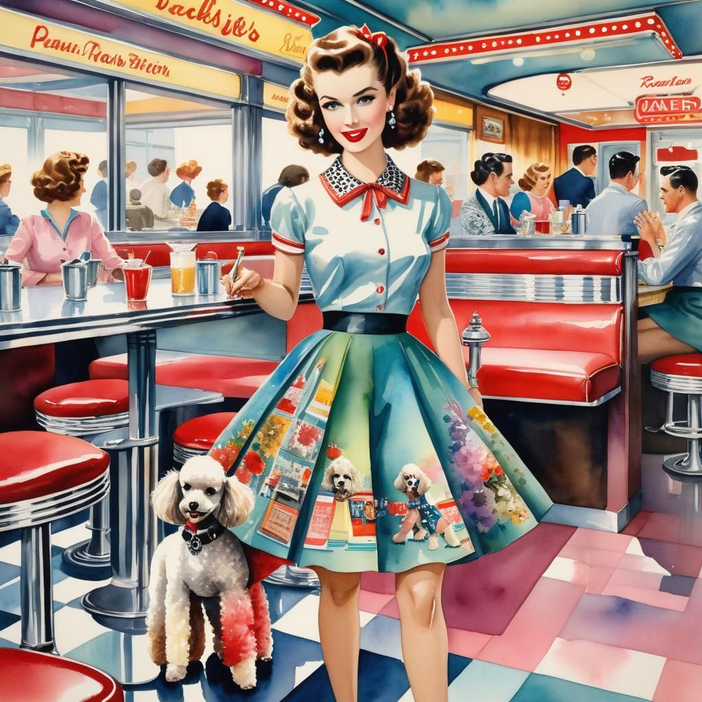Girl with Poodle Skirt in Diner, Watercolor