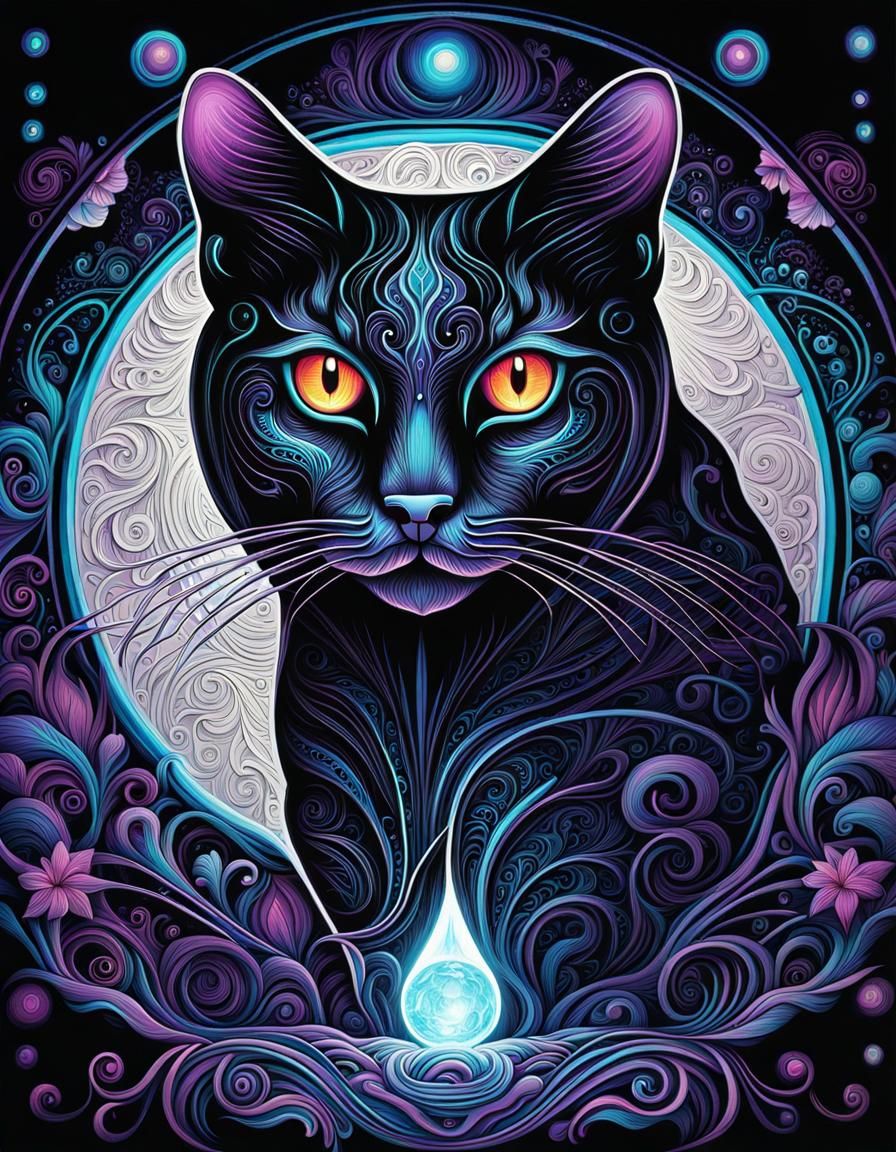Mystical Cat in Glowing Blacklight Marker Art