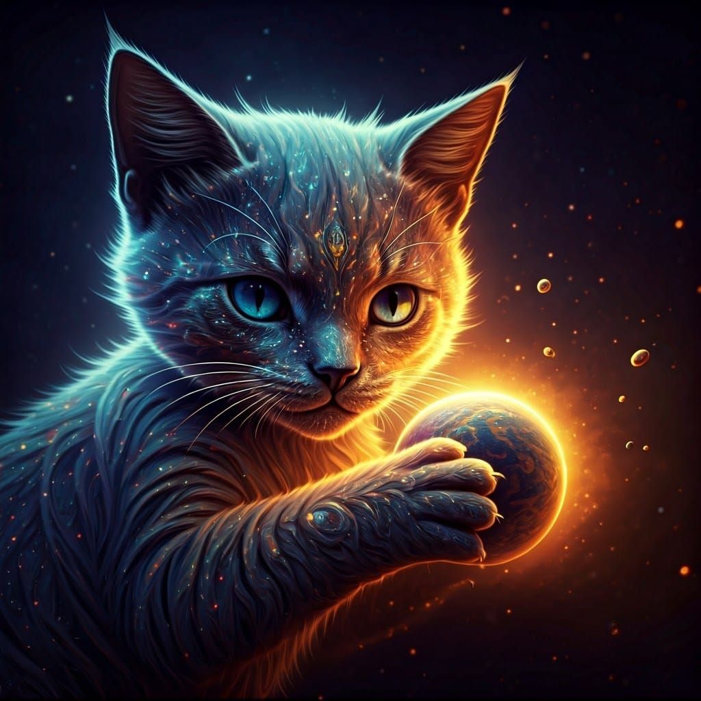 Cosmic Cat Joyfully Plays with Planet in Vibrant Space Backg...