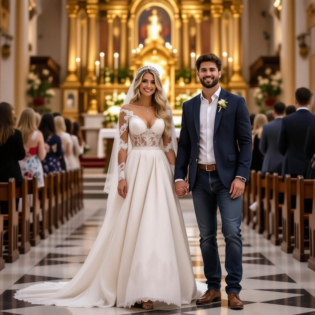 Nun and Man Before Altar in Art Nouveau Style