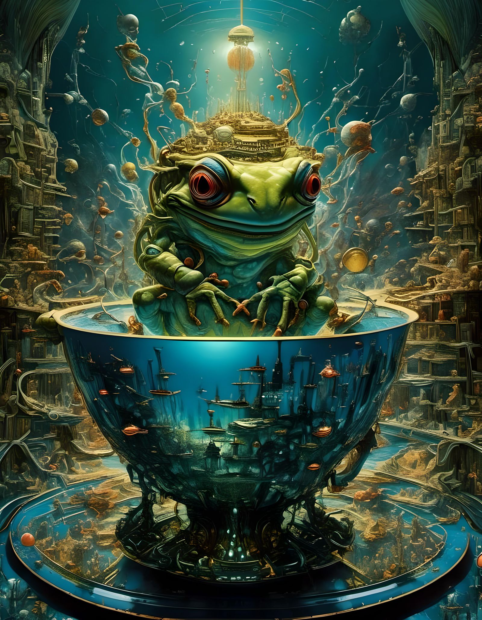 <lora:Sackbut:1.0> Wide angle lens : Frog Flying Alien Teapot Spaceship exploring Universe: blue green : poster art : hy...