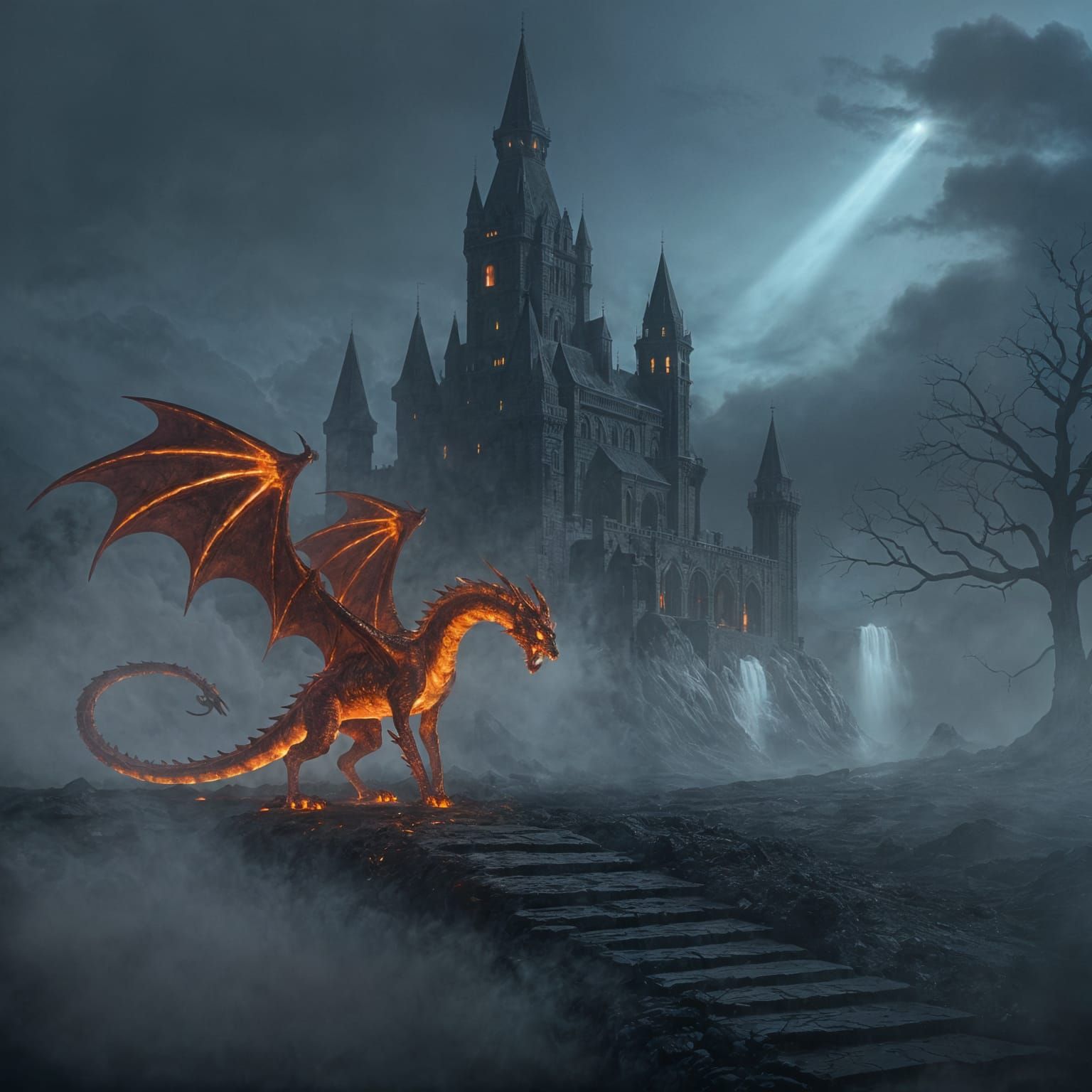 Lava Dragon by Foggy Castle at Twilight in Dark Fantasy Styl...