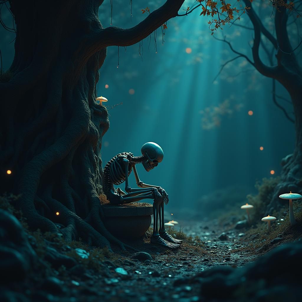 Miserable Skeleton in Mystical Realm, Cinematic Style
