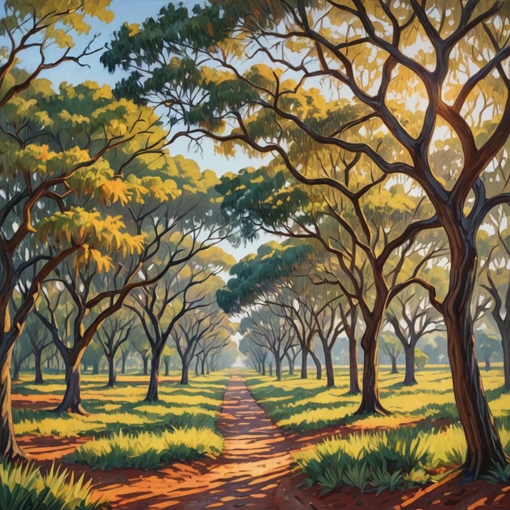 Impressionist Savannah Landscape with Acacia Trees
