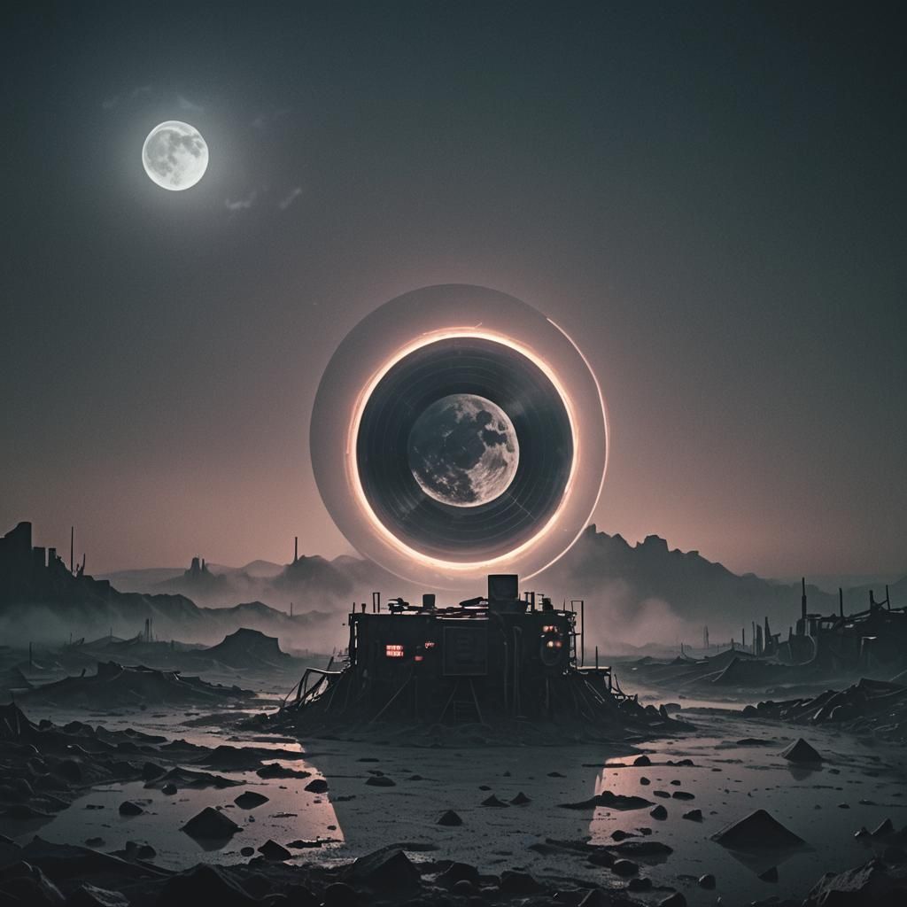 Dystopian Vinyl Moon: Eerie Surrealism in Digital Art