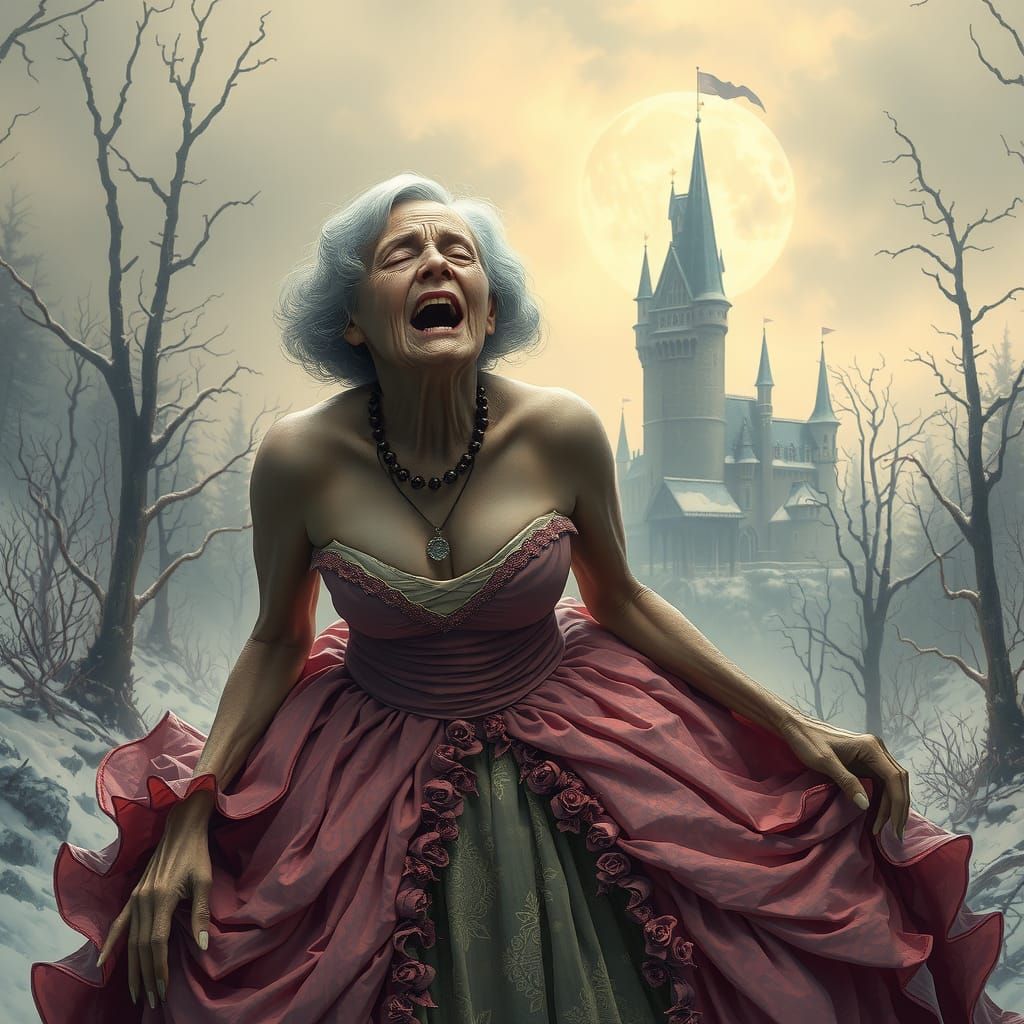 Scared Elderly Woman in Snowy Forest, Ethereal Fantasy