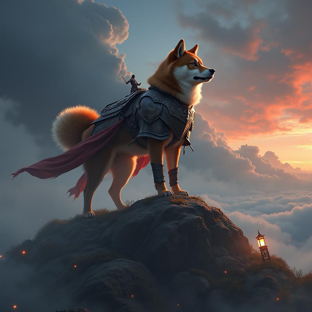 Armored Shiba Inu in Epic Mountain Battle