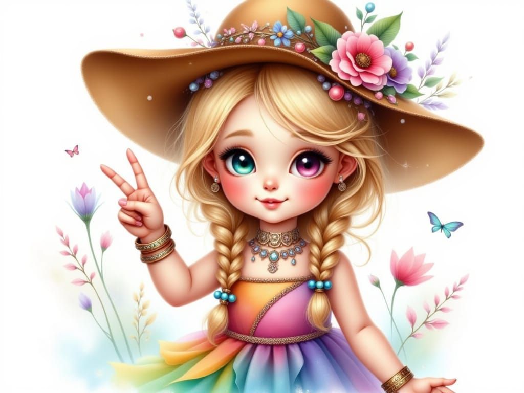 Whimsical Watercolor Girl with Rainbow Hair and Bright Smile