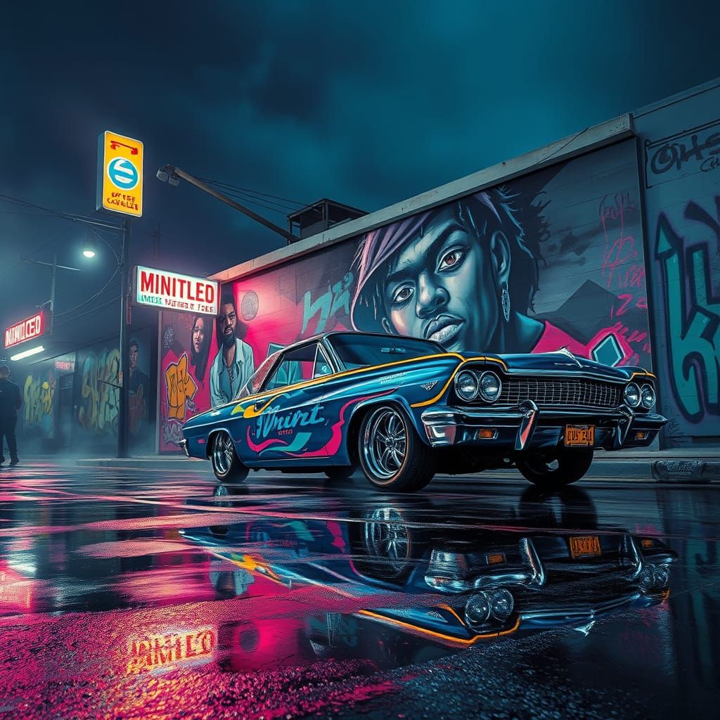 Neon-lit Urban Airbrush Mural in CGI Style