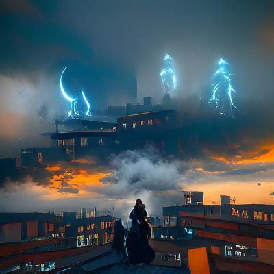Sorcerers and Demon on Rooftop in Digital Art