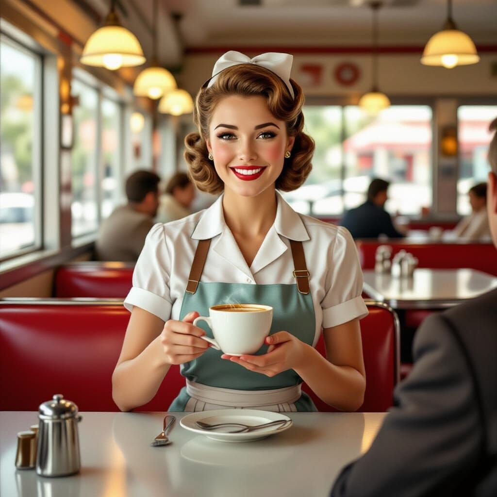 Vintage Diner Waitress Serving Coffee in Warm Light