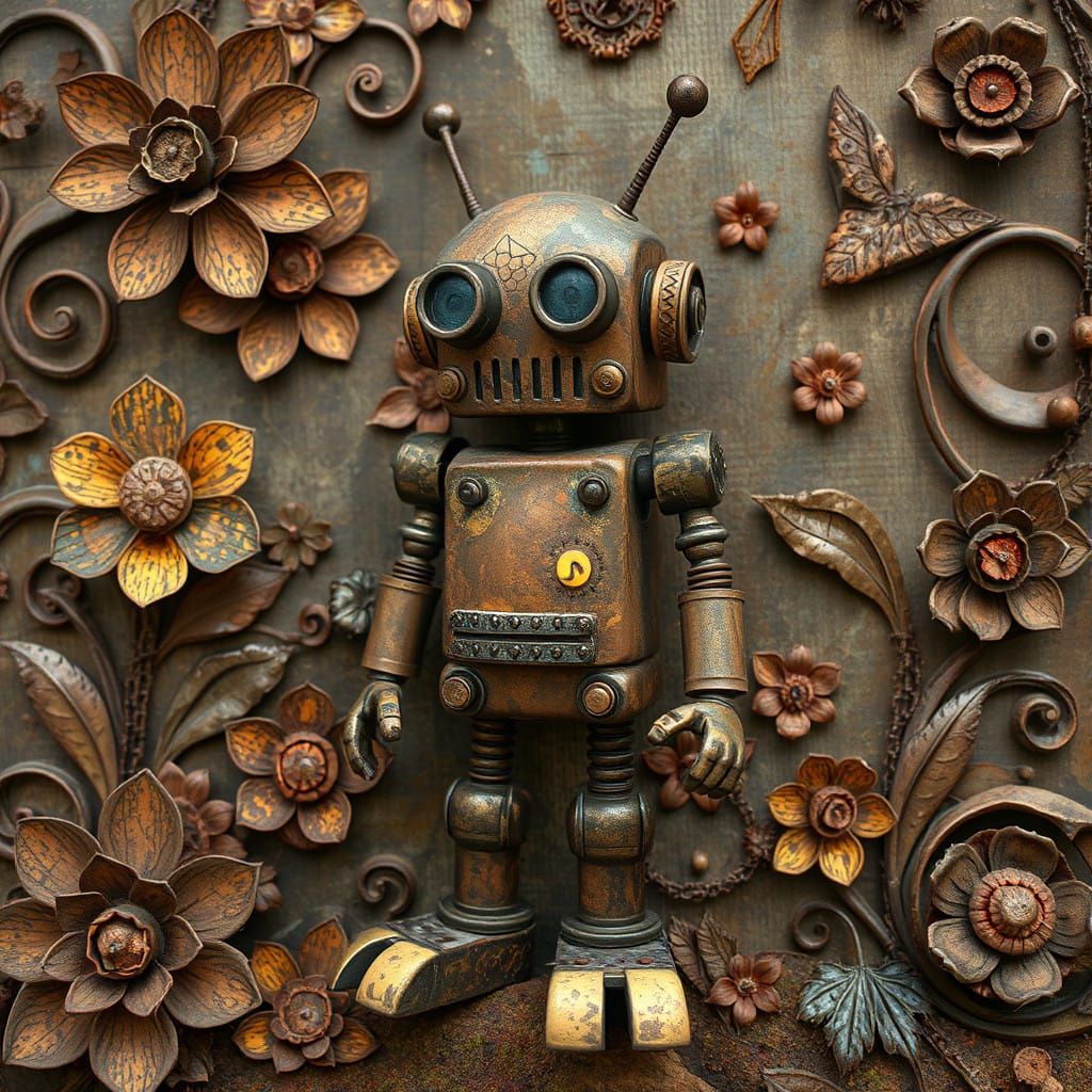 Rusty Metal Robot Amidst a Tapestry of Metal Flowers in Folk...