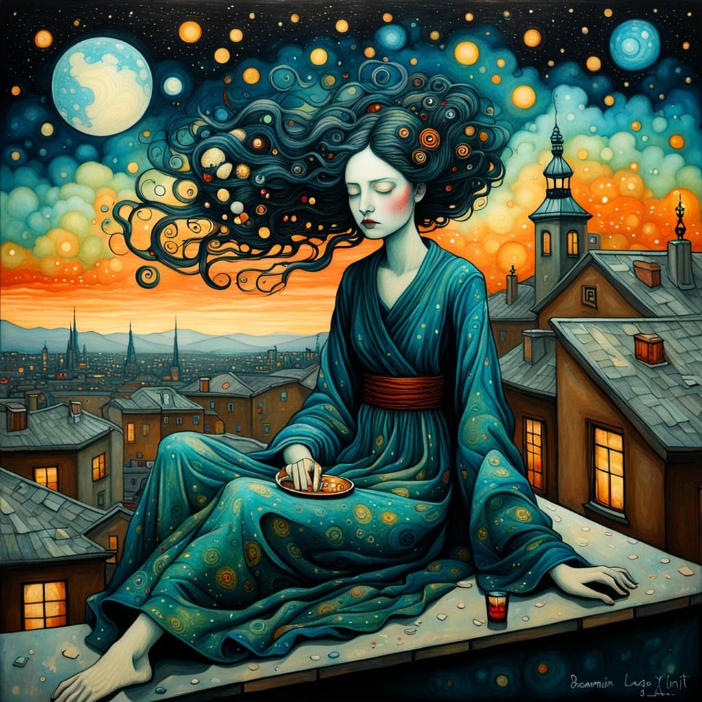 Dreamy Sleepwalker Portrait in Alcohol Ink Splatter Style