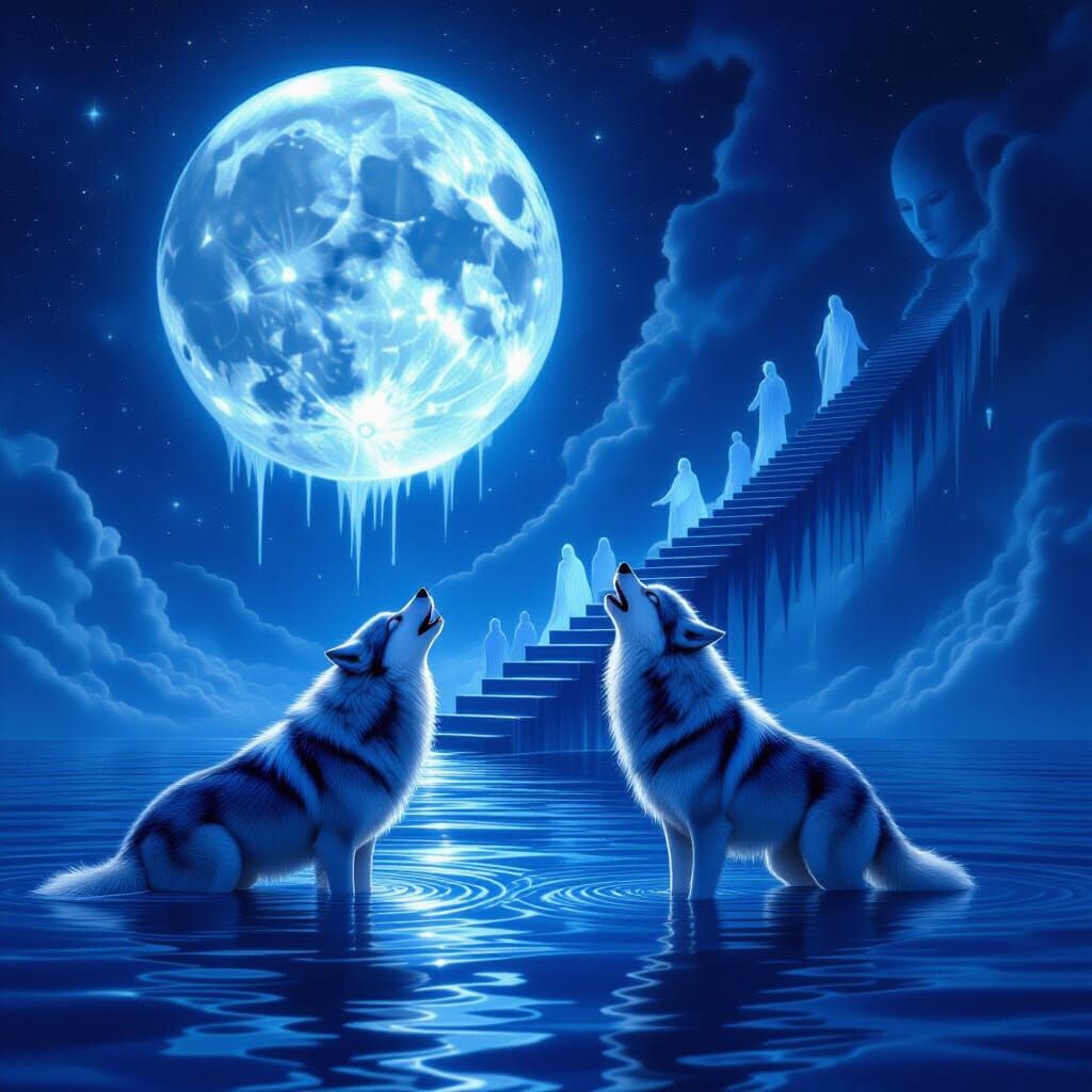 Ethereal Wolves Howling at Melting Cosmic Moon